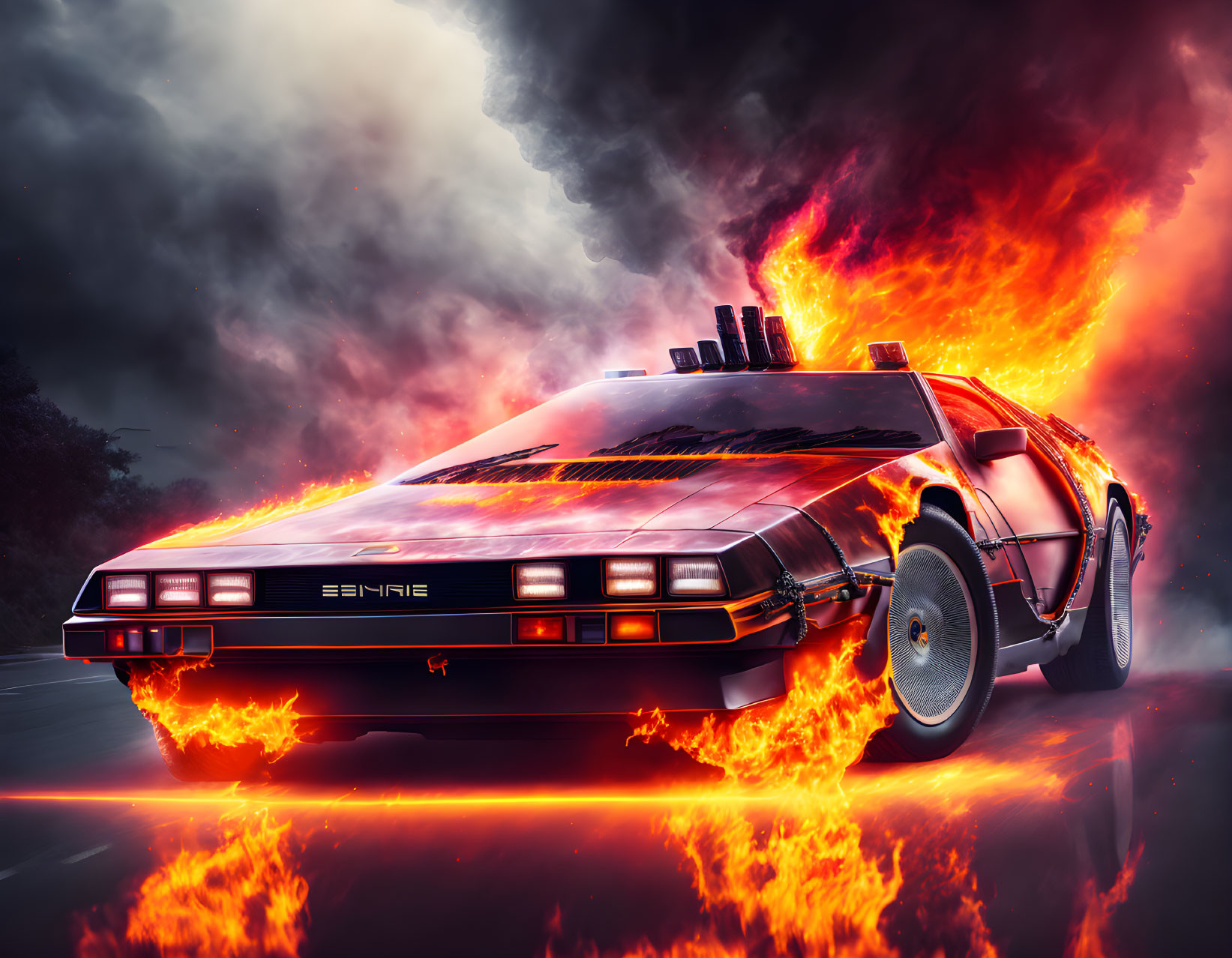 DeLorean car with fiery trails in dramatic sky