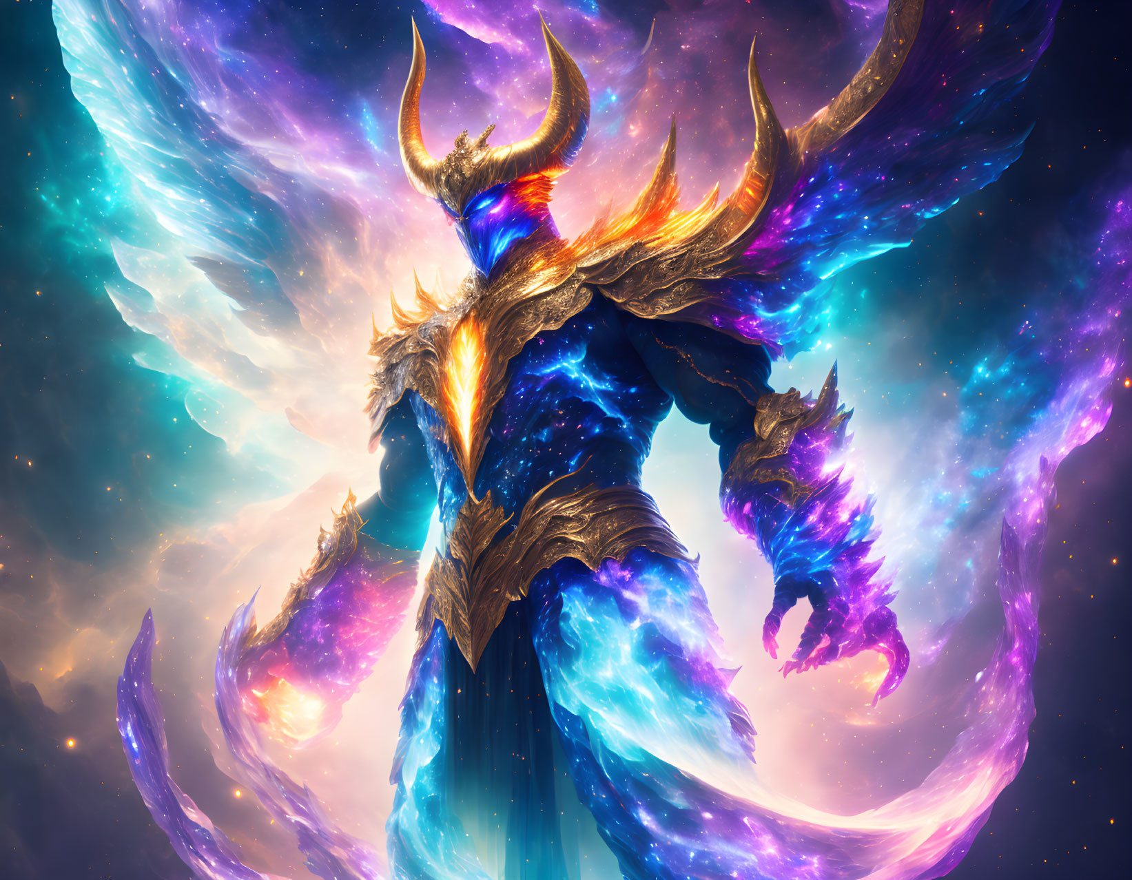 Golden-horned cosmic entity in armor against vibrant galaxy.