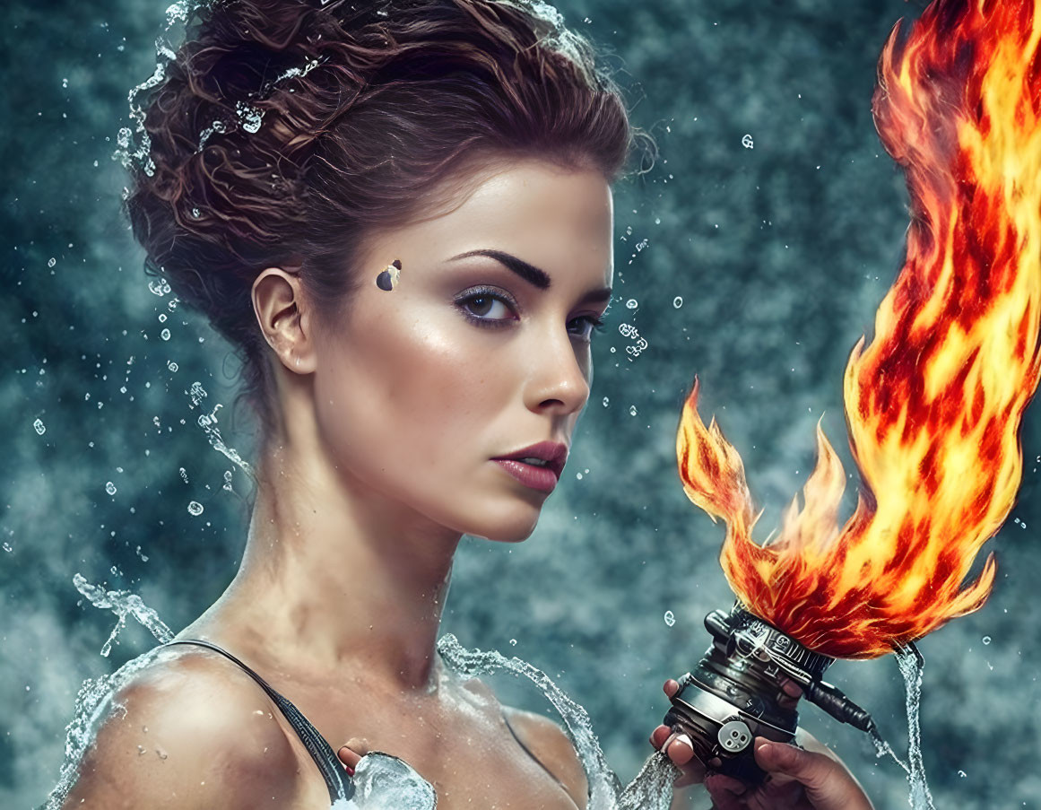 Fantastical icy setting with woman holding fiery torch