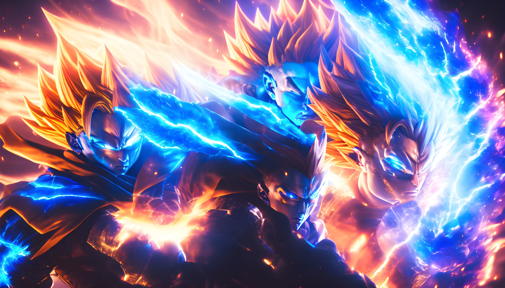 Anime characters with spiky golden hair and blue aura in fiery cosmic setting