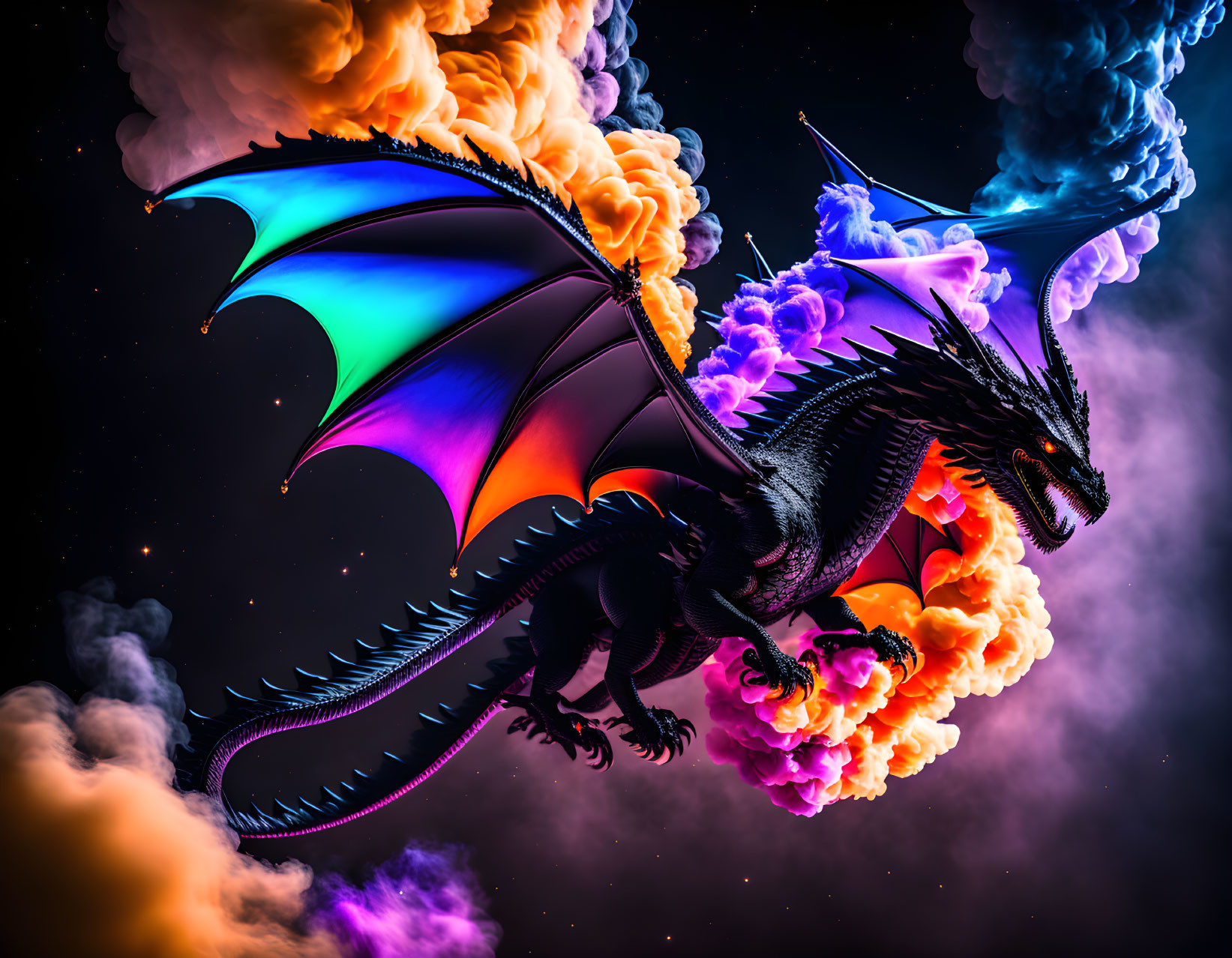 Majestic black dragon with orange and purple wings in flight against orange and blue smoke