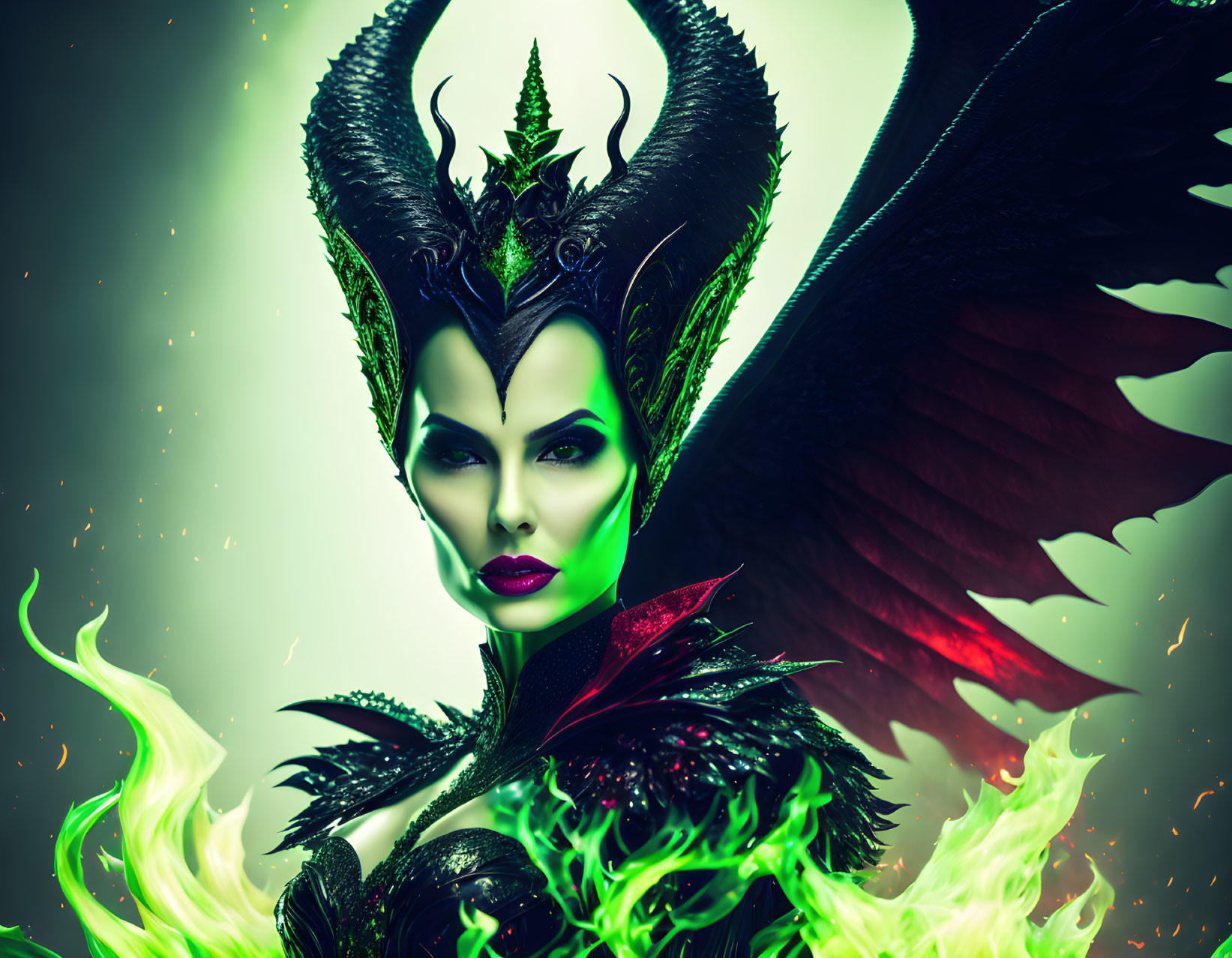 Mystical figure with black horns, dark wings, and green flames