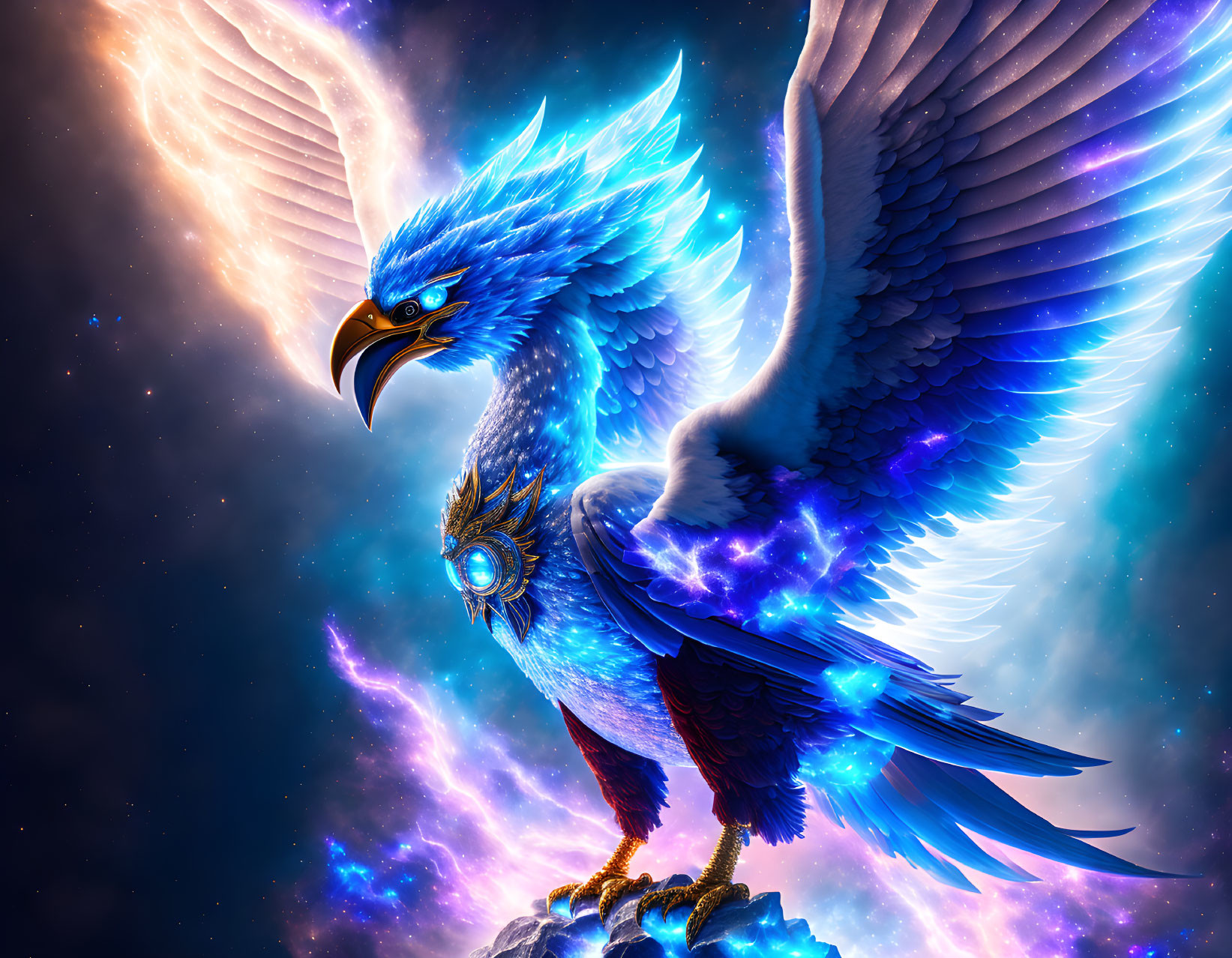 Blue Phoenix with Luminous Wings Perched in Cosmic Scene