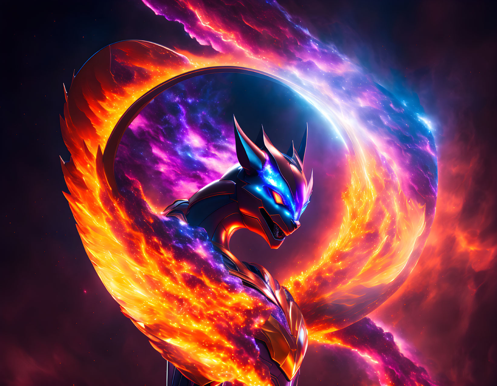 Stylized armored figure with glowing blue eyes in cosmic backdrop