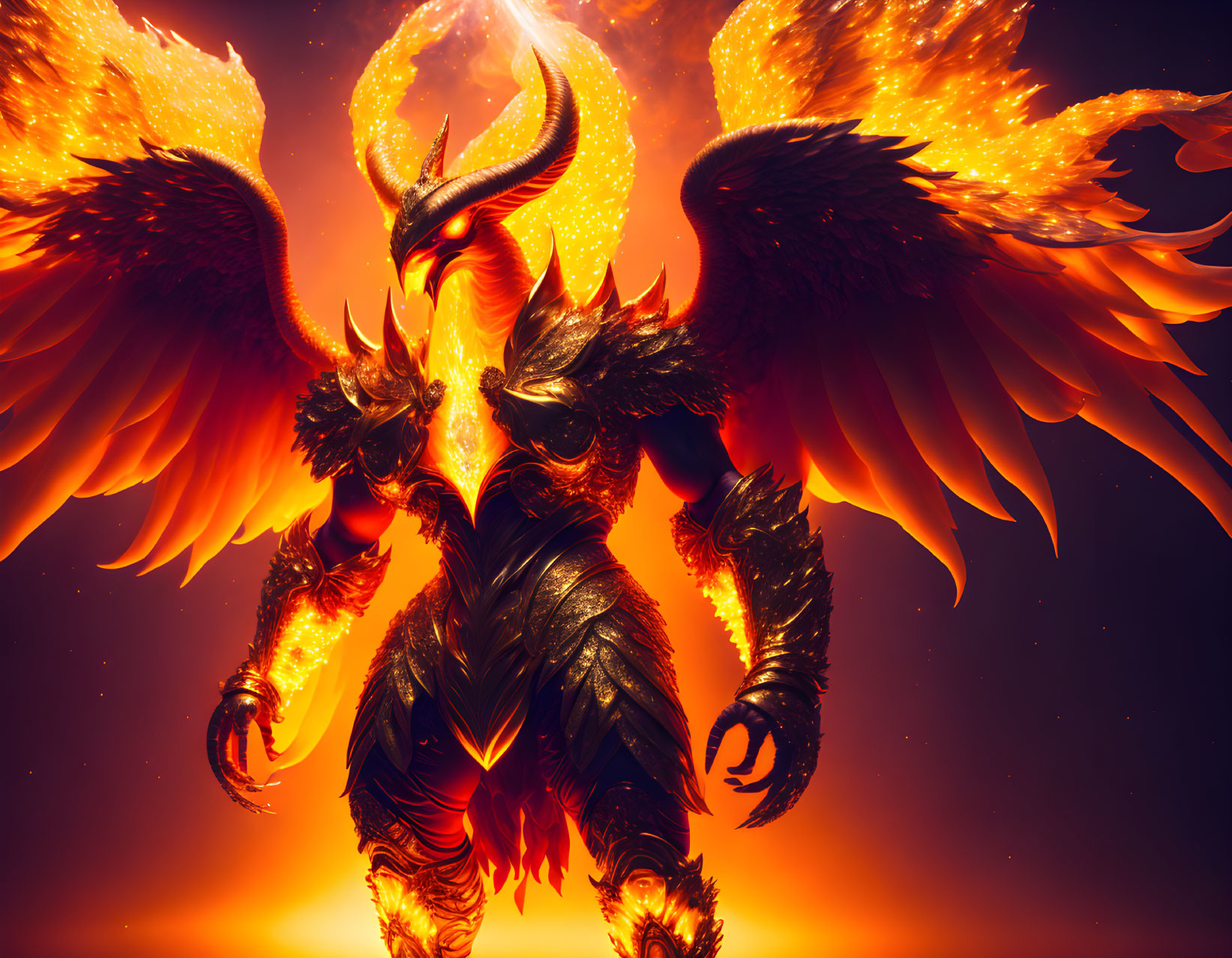 Armored figure with fiery wings and horns on blazing orange background