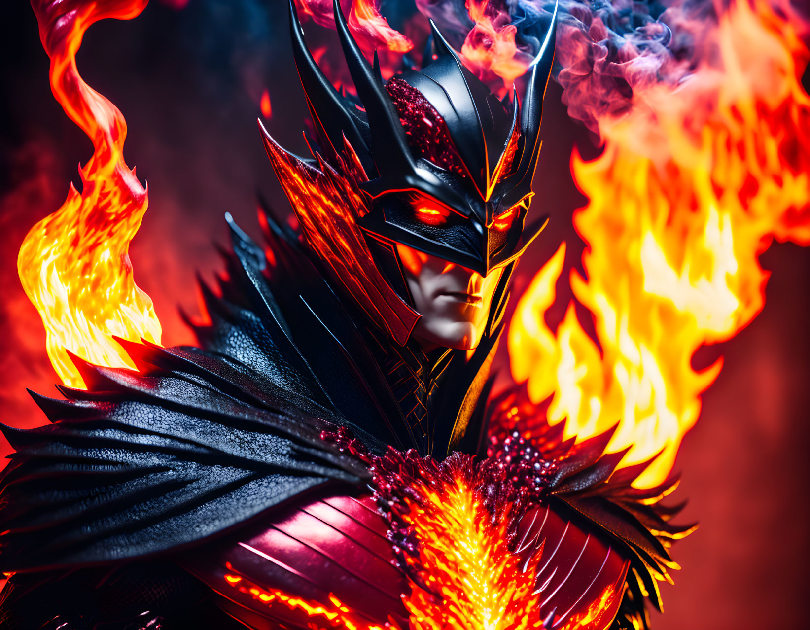 Person in Dark Feathered Costume with Fiery Effect and Fierce Mask