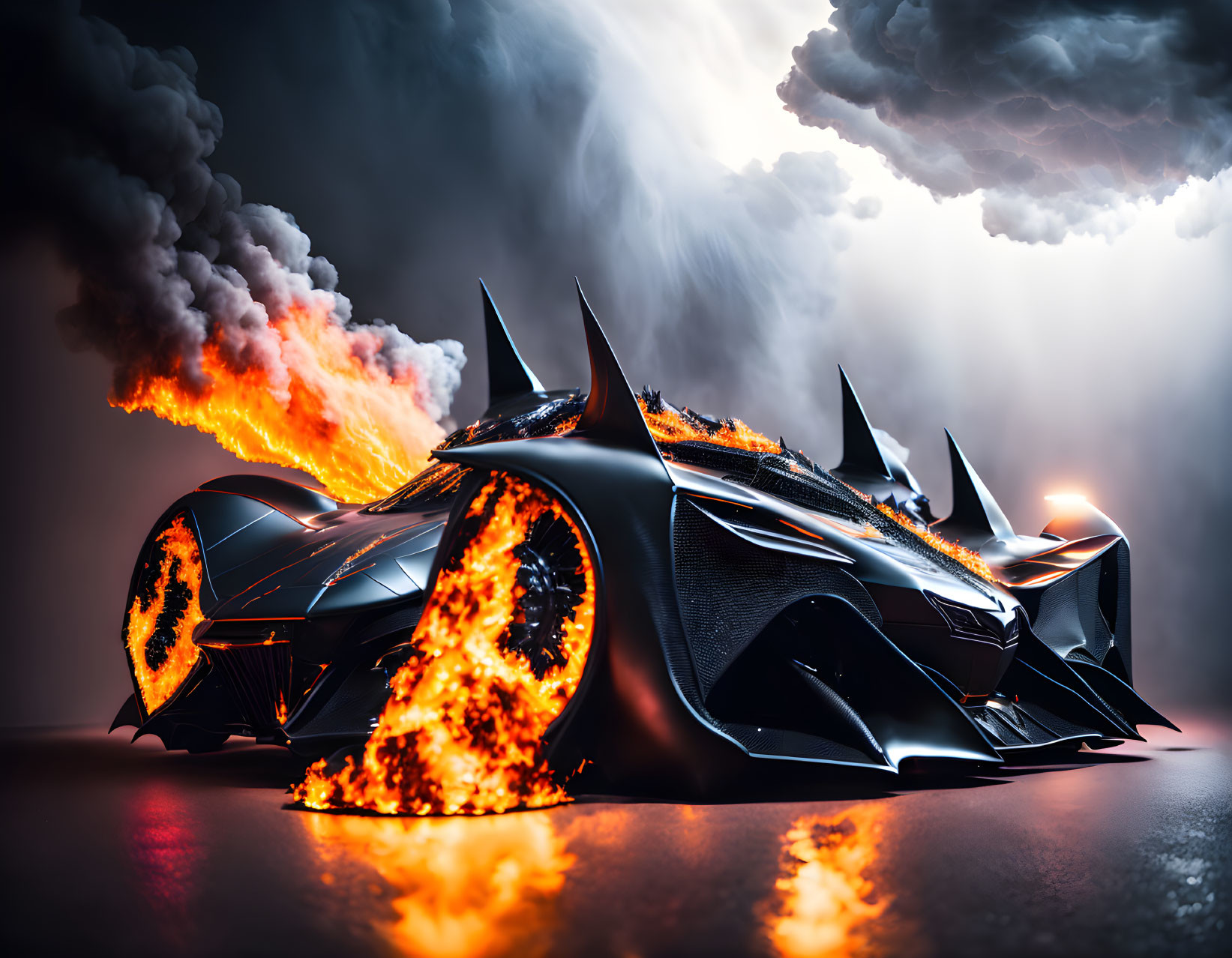 Futuristic black vehicle emitting flames on dark, smoky background