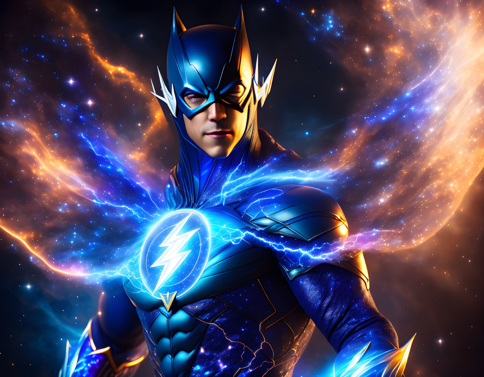 Blue and Gold Superhero with Lightning Bolt Emblem and Mask in Cosmic Background