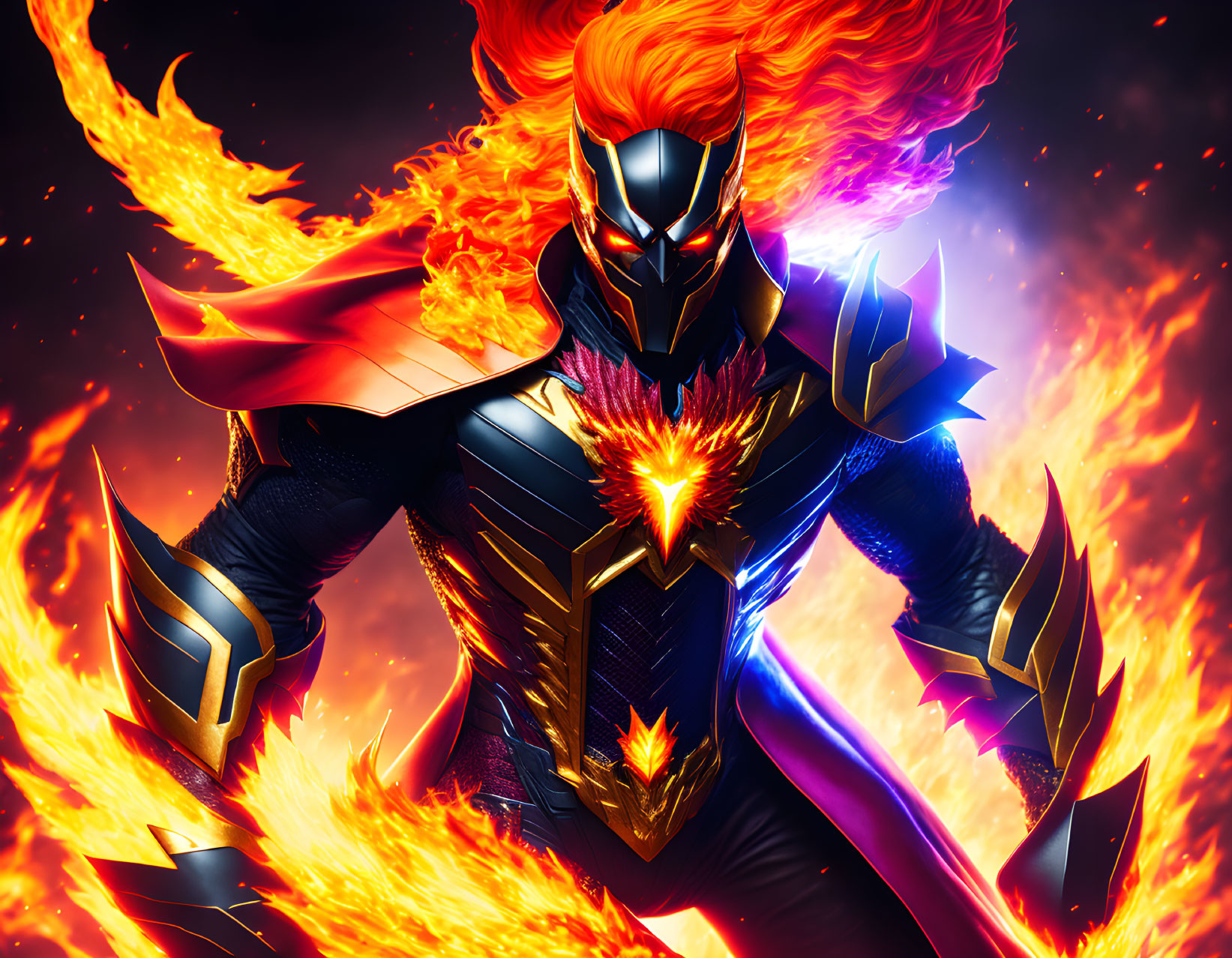 Armored character with fiery mane and flames in dynamic illustration