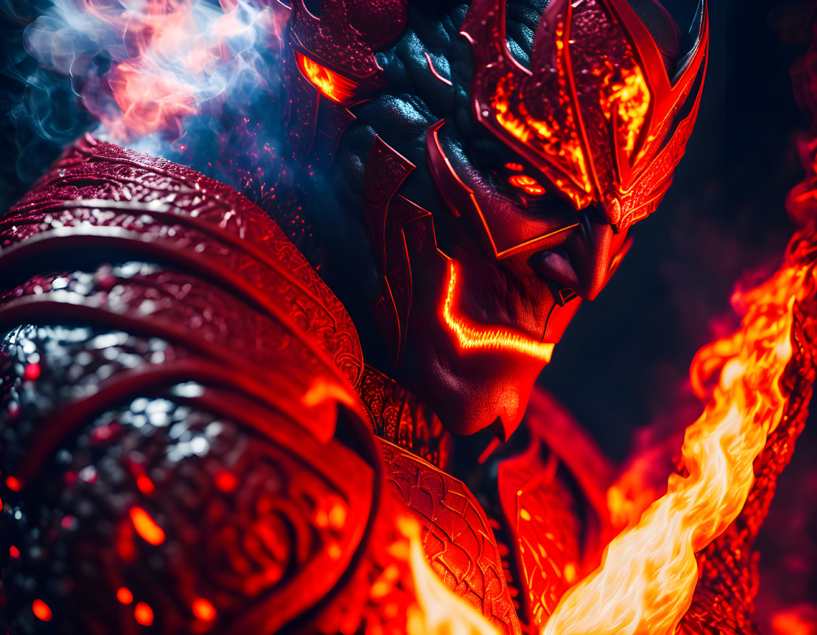 Detailed Red and Black Armor with Glowing Elements and Mystical Aura