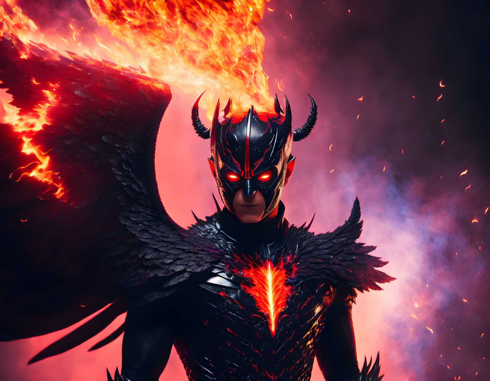 Fiery Crowned Figure in Dark Armor with Dragon-like Wings