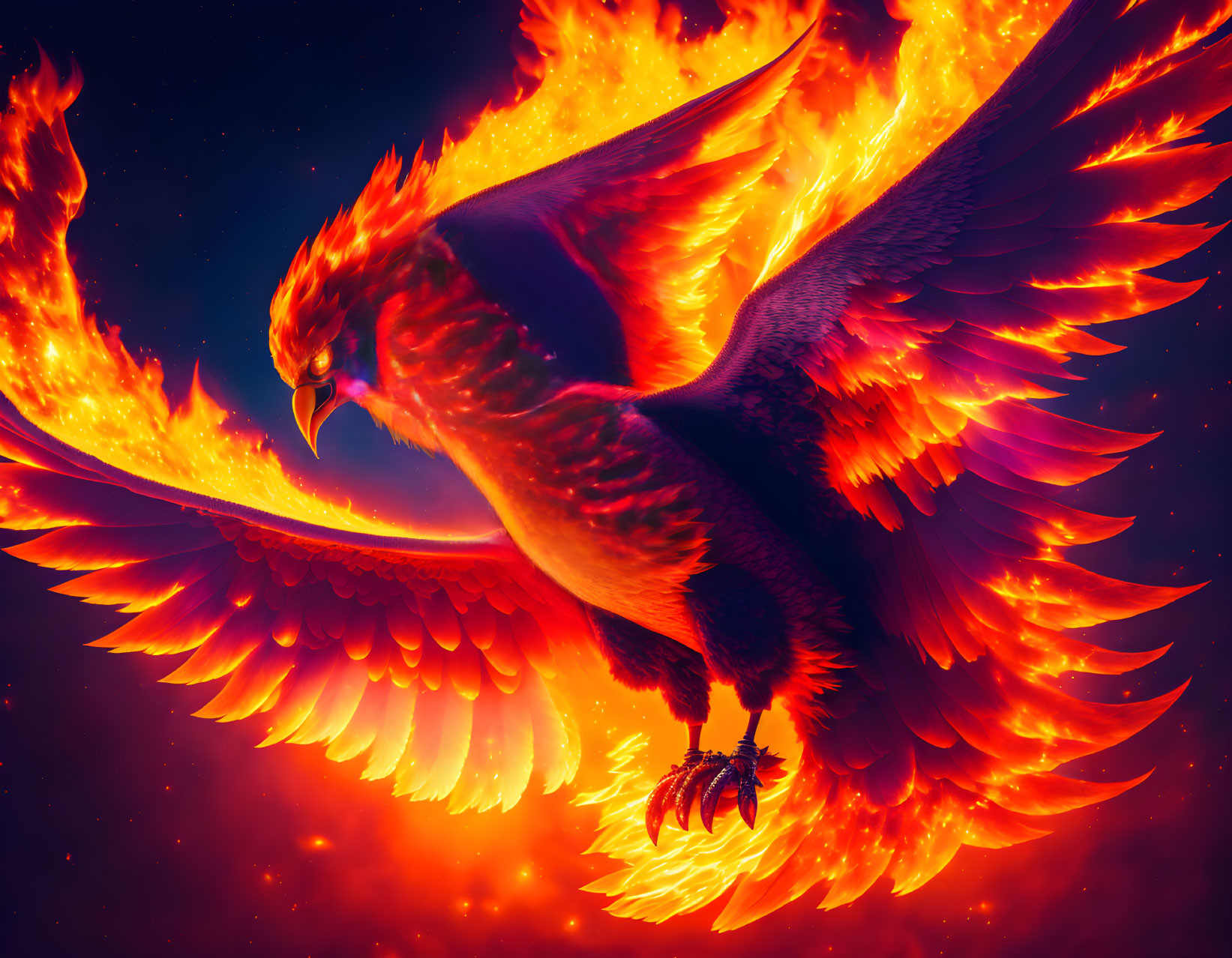 Majestic Phoenix Flying in Flames Against Red Starry Sky