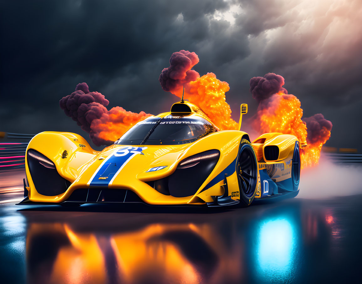 Yellow Race Car on Track with Dynamic Lighting and Explosive Clouds