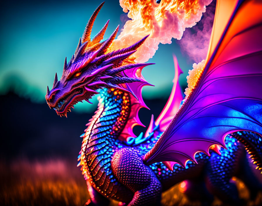 Digital artwork: fierce dragon with iridescent blue and purple scales, majestic wings, and fiery breath