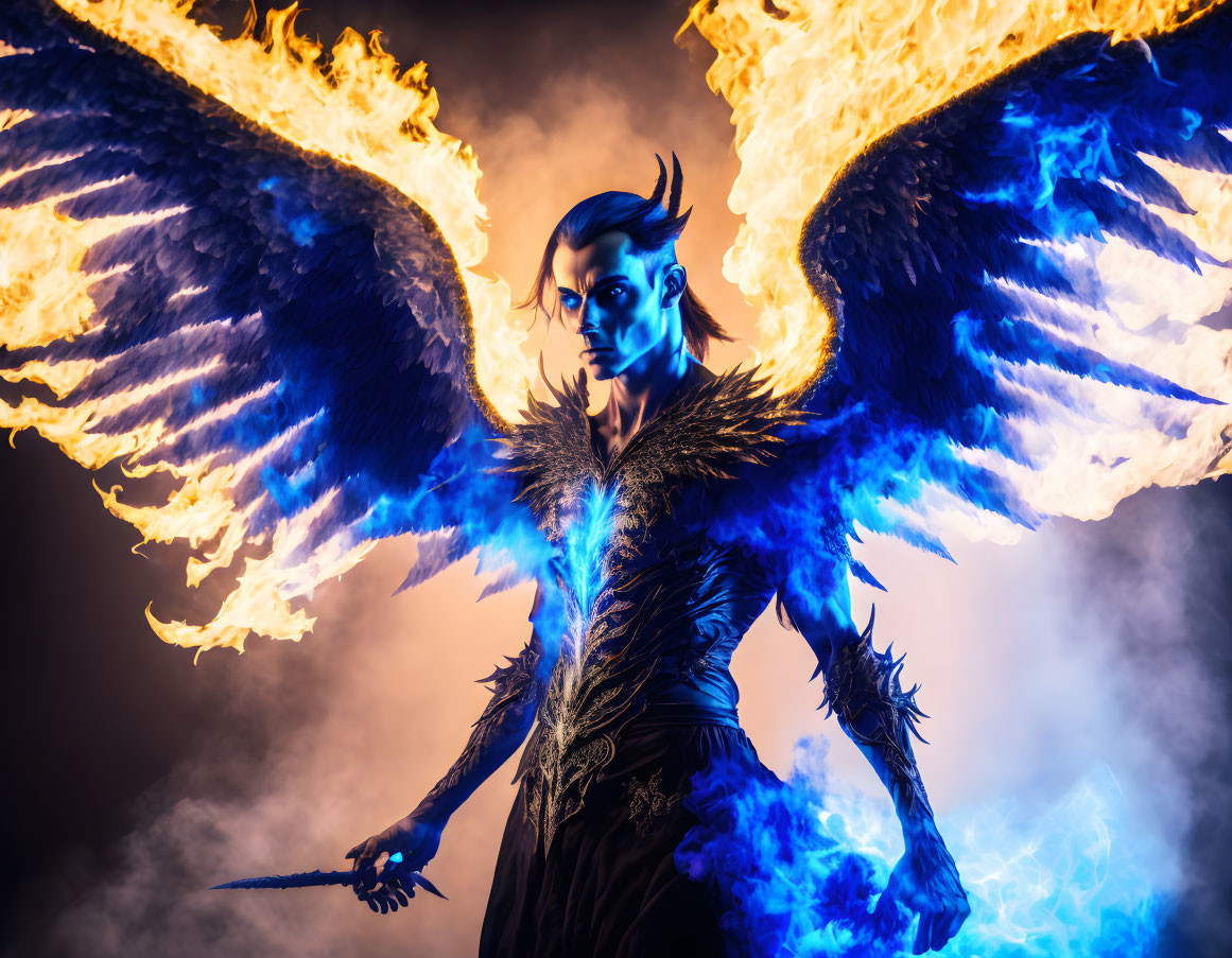 Blue-skinned character with flaming wings and sword on dark mystical backdrop