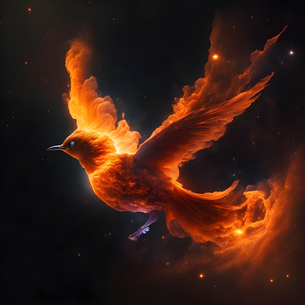 Majestic phoenix flying in fiery light against starry sky