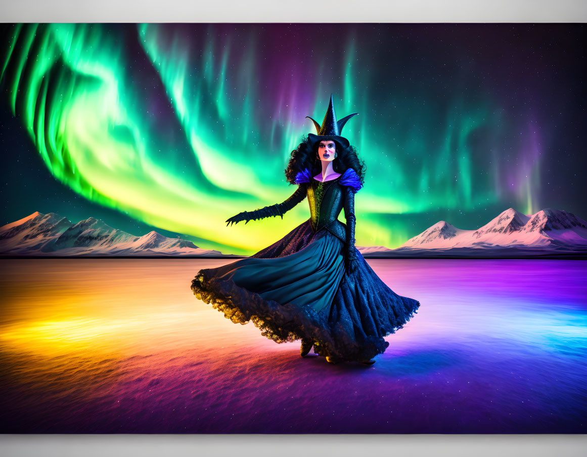 Elaborate witch costume under vibrant Aurora Borealis and snow-capped mountains