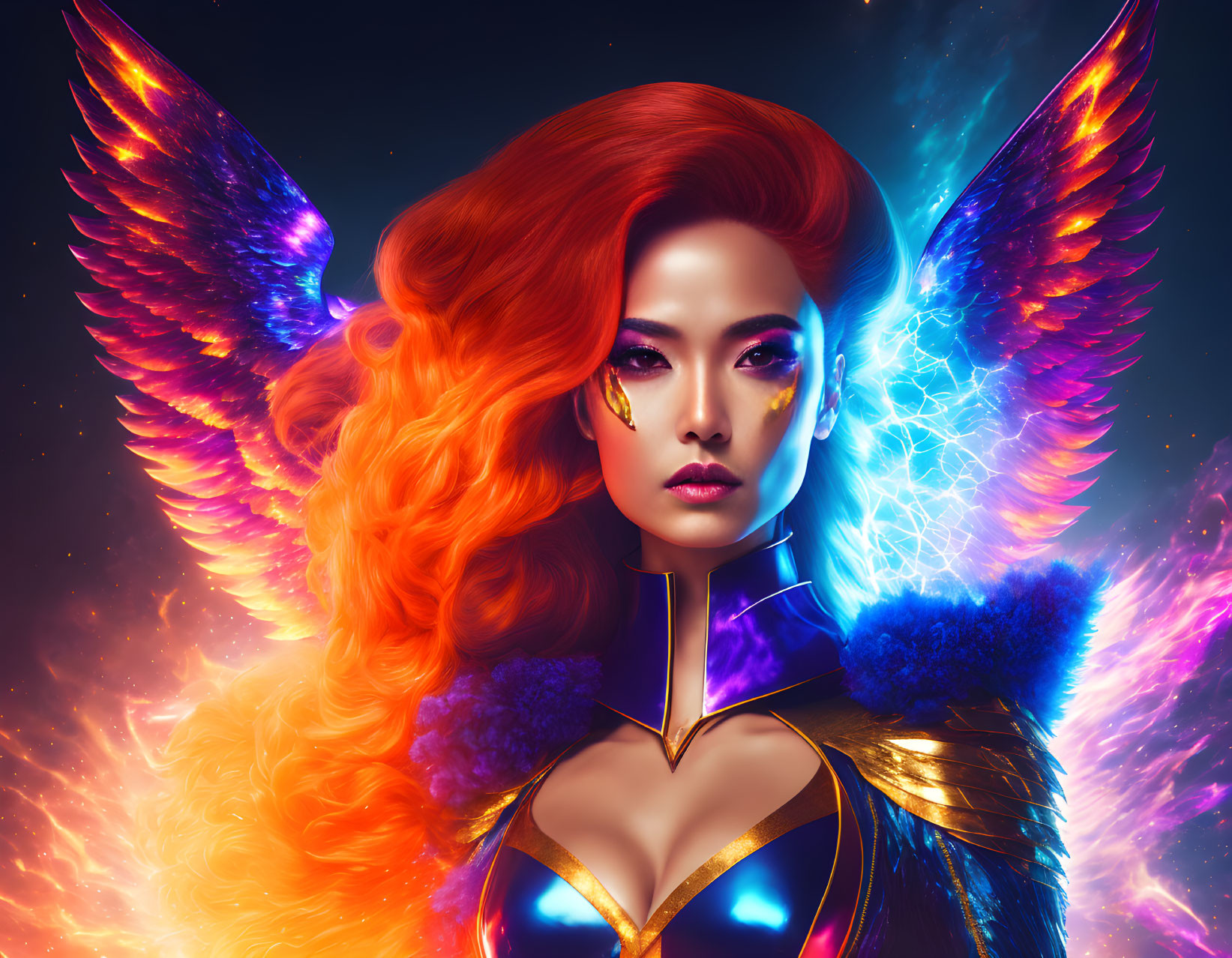 Fiery red-haired woman with ethereal wings in cosmic setting