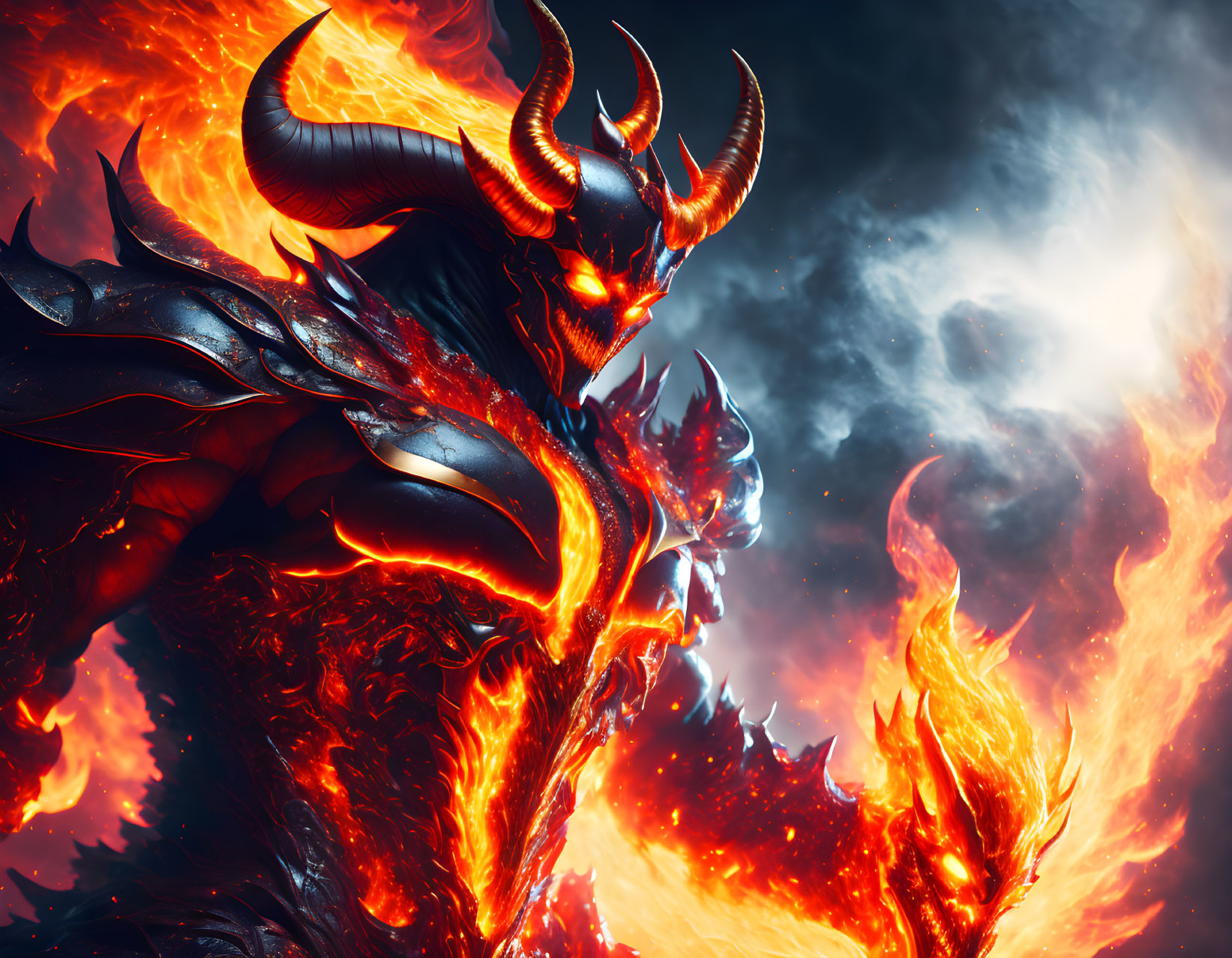 Fiery demon with glowing eyes and horns in dark armor amid flames