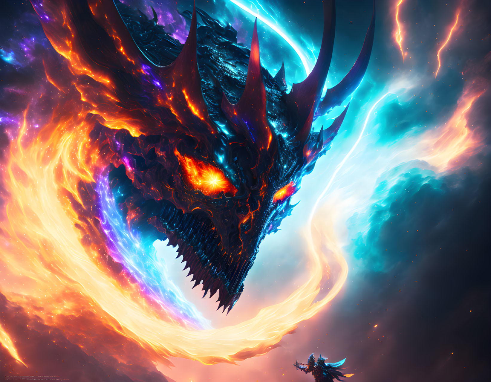 Fiery dragon with glowing eyes and cosmic flames against nebulous space background