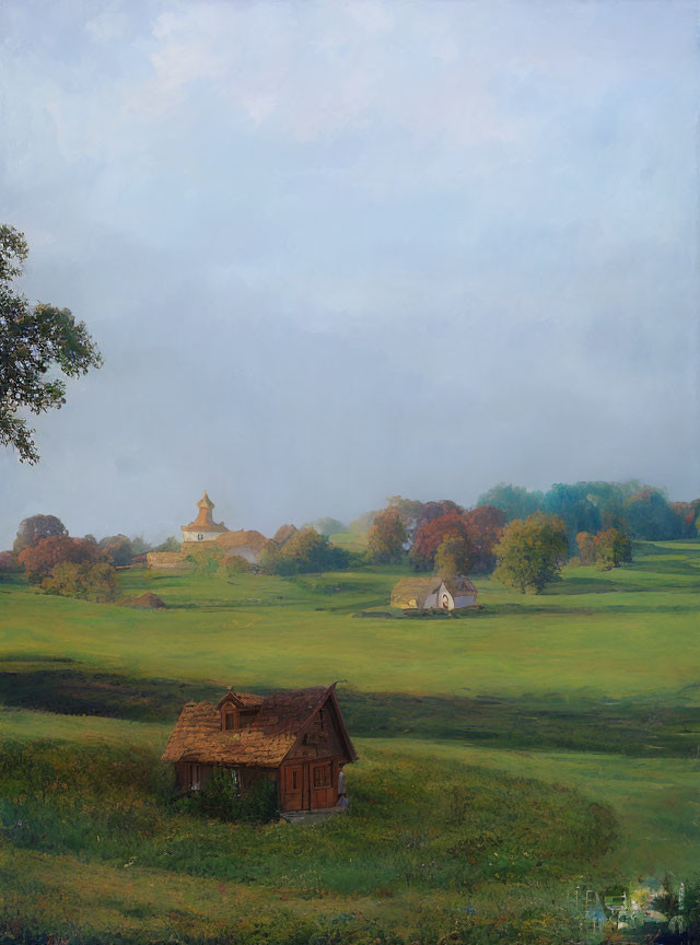 Rural landscape at dawn/dusk: small house, village with golden dome