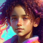 Youthful girl with curly hair in warm, iridescent palette