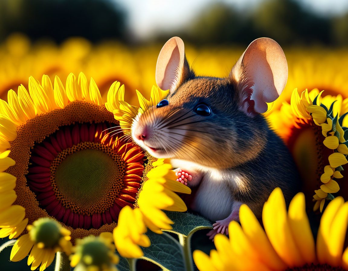 Digital Art: Cute Mouse with Large Translucent Ears in Sunflower Field