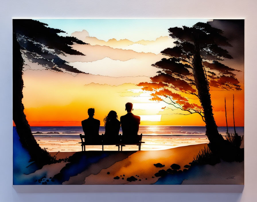 Silhouetted Figures on Bench Enjoying Vibrant Sunset