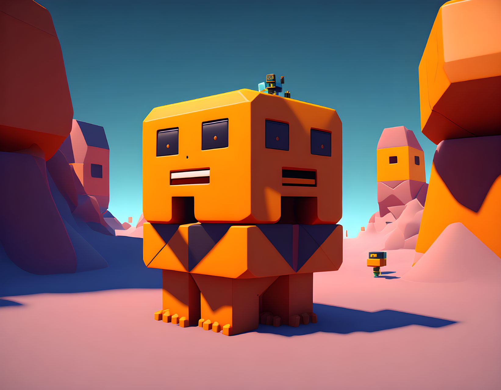 Colorful 3D robot in desert landscape with cube-like body