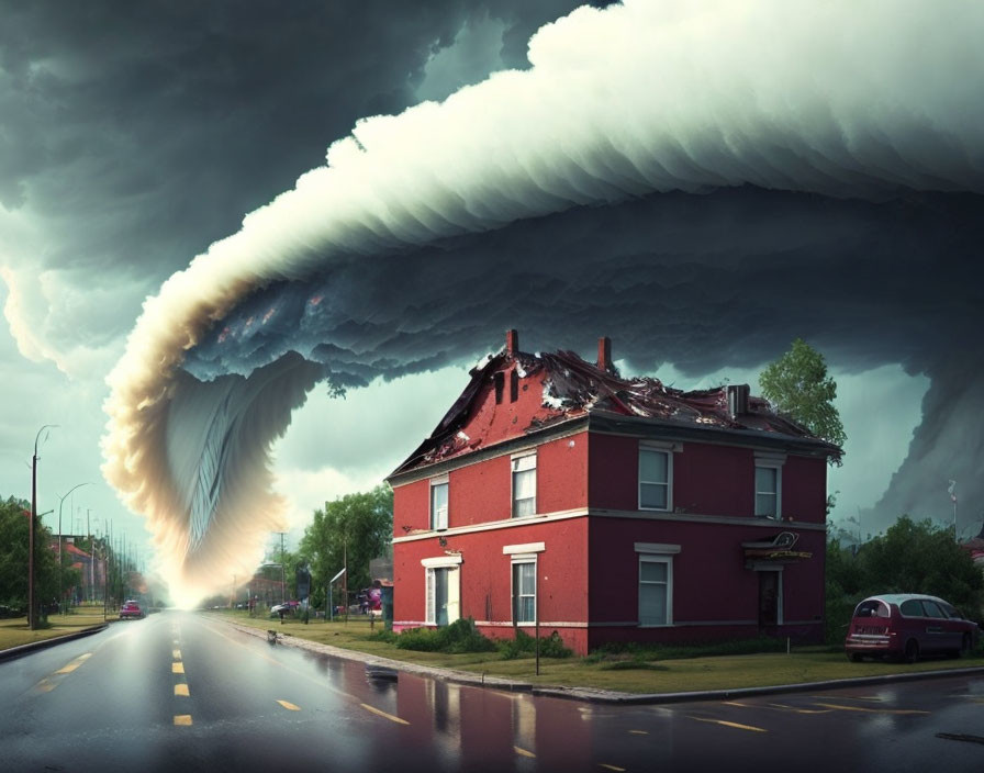 Giant tornado near damaged building on wet road