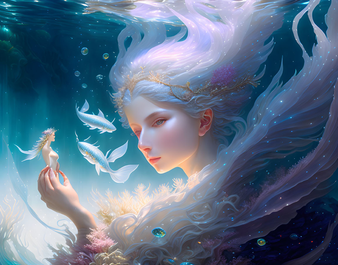 Mystical woman with white hair in underwater scene surrounded by glowing fish and coral.