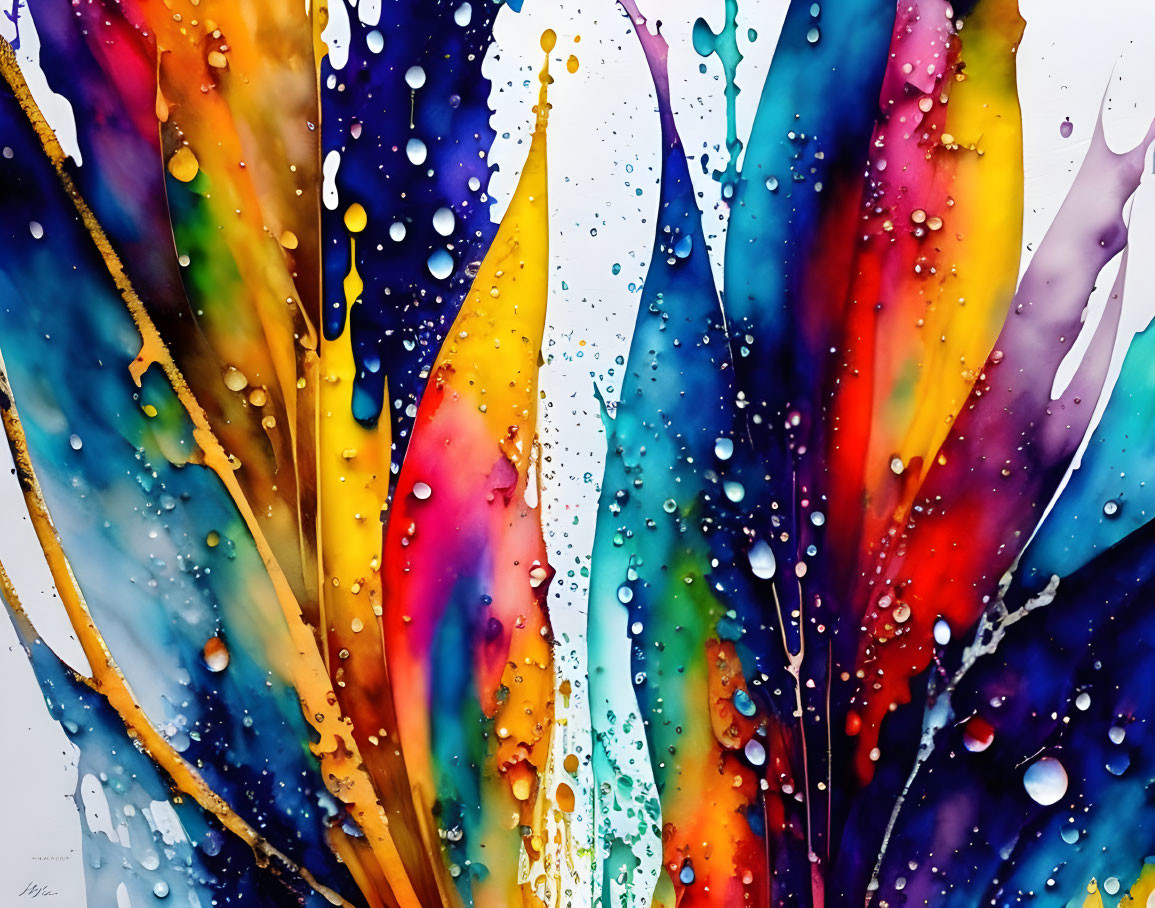 Colorful Abstract Artwork with Water Droplets on White Background