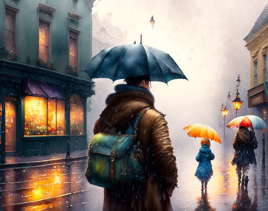 Pedestrians with umbrellas on rain-soaked street with glowing shopfronts