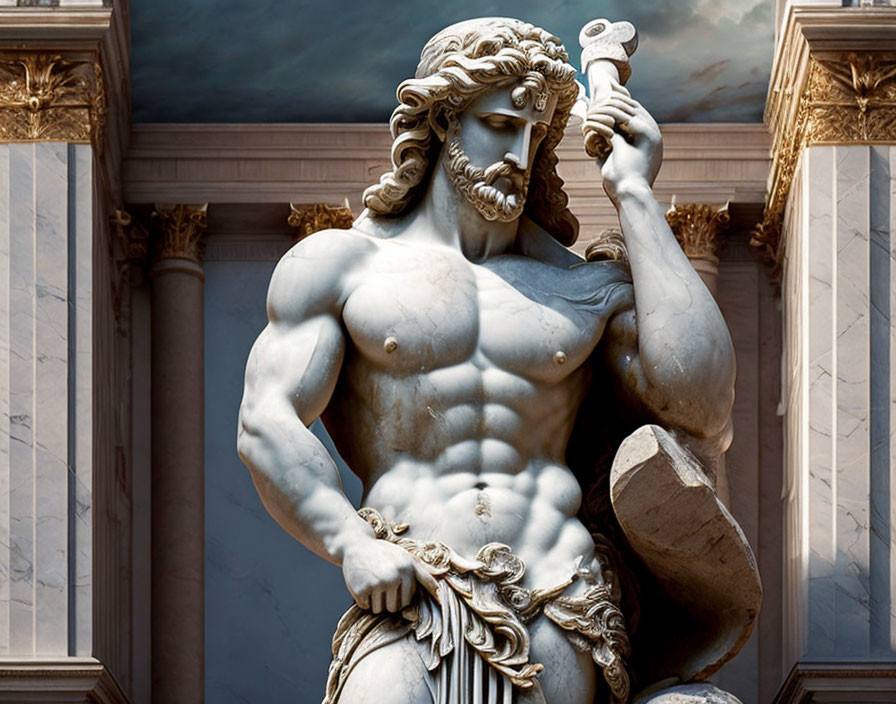 Muscular male statue holding goblet under cloudy sky