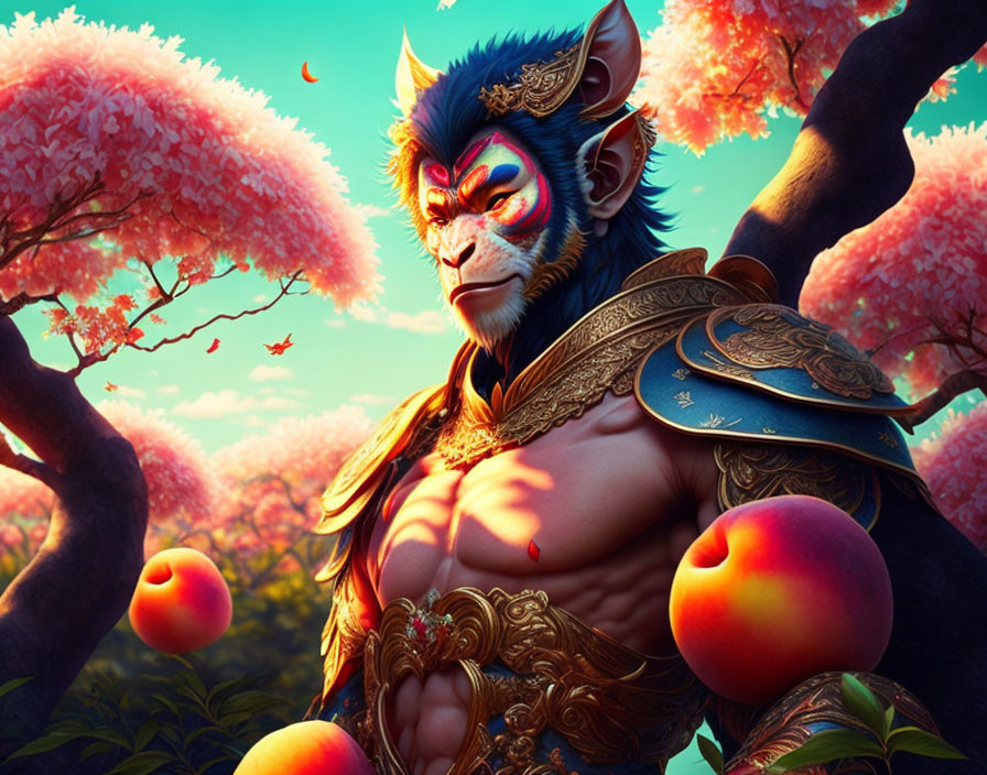 Mythological Monkey King with blue fur in golden armor under pink blossoming trees