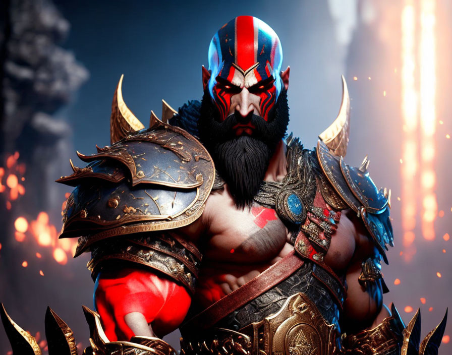 Warrior in spiked armor with red and blue face paint against fiery backdrop