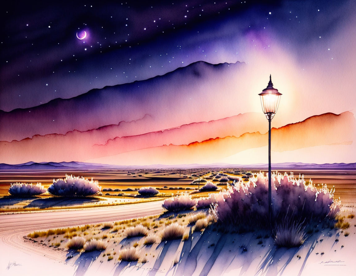 Serene twilight scene with lit streetlamp and purple sky