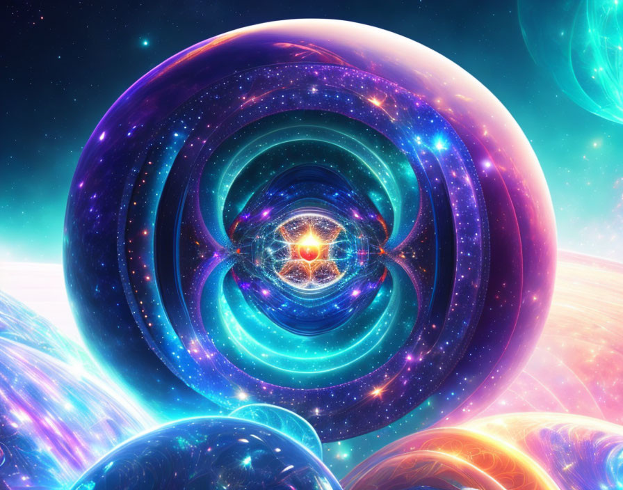 Vibrant abstract digital artwork with cosmic patterns and celestial spheres