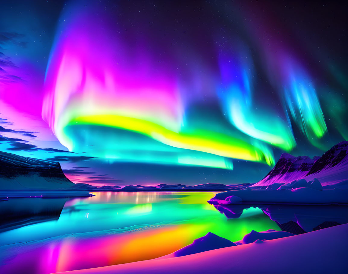 Colorful aurora borealis above snowy arctic landscape at twilight