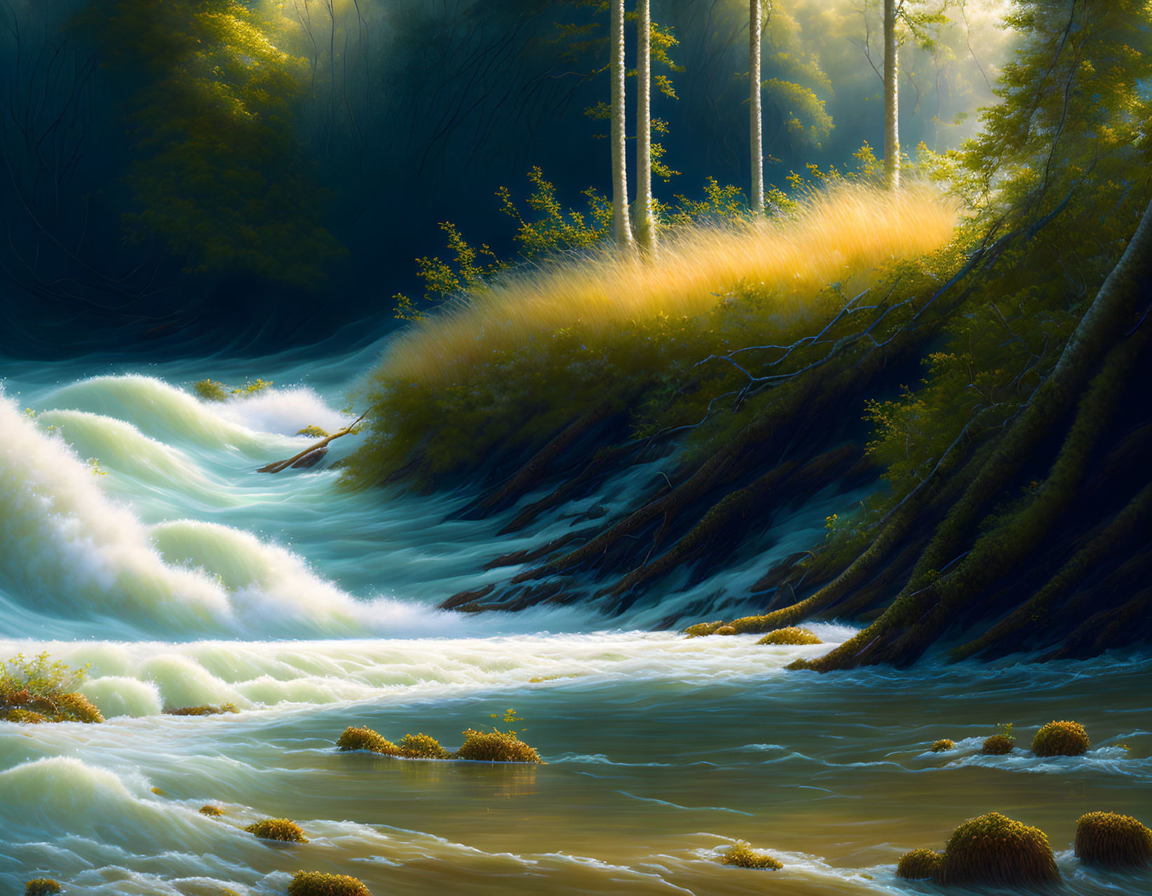 Digital painting: Sunlit forest, river scene