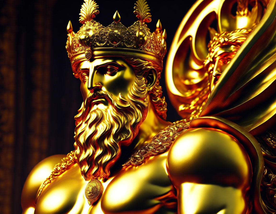 Golden statue of a bearded king with crown and cape symbolizing majesty.