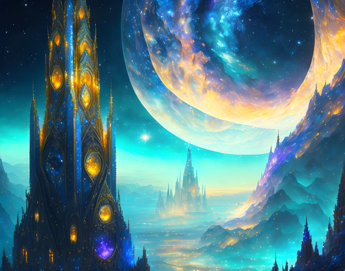 Fantastical landscape with illuminated towers under starry sky