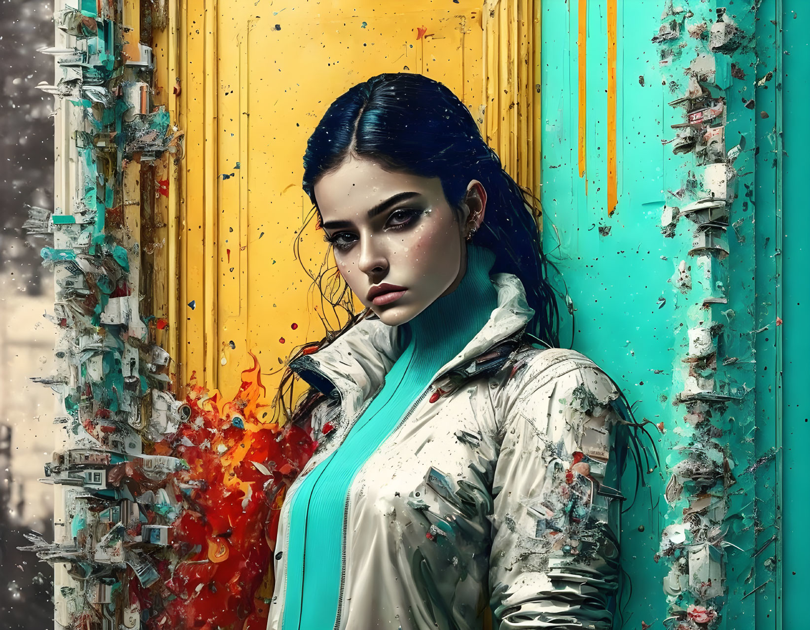 Dark-haired woman with blue lips against vibrant yellow door with turquoise paint and orange splashes