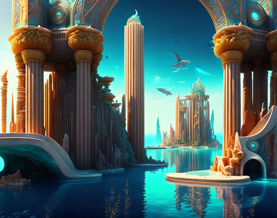 Intricate digital artwork of ornate underwater city