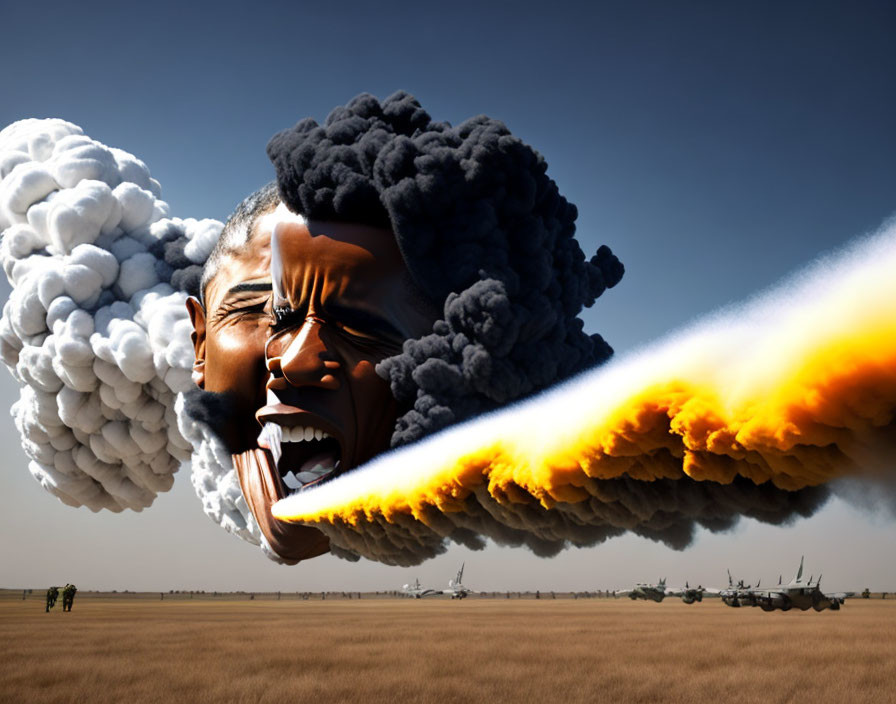 Surreal image: person's head with cloud hair and fiery jet stream above airstrip