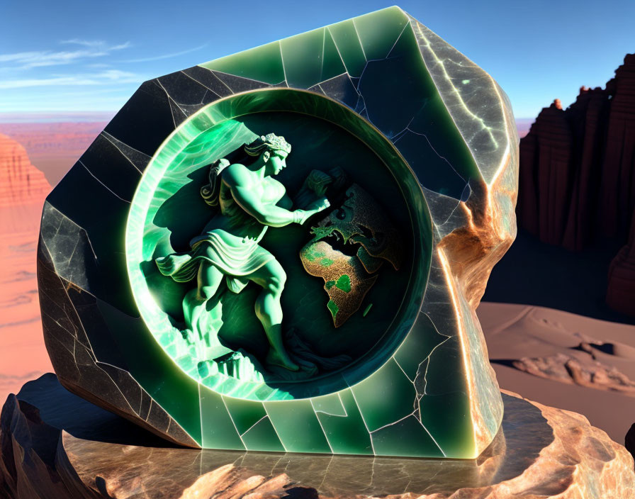 Carved Malachite Stone Relief of Woman in Circular Frame Against Desert Canyon Backdrop