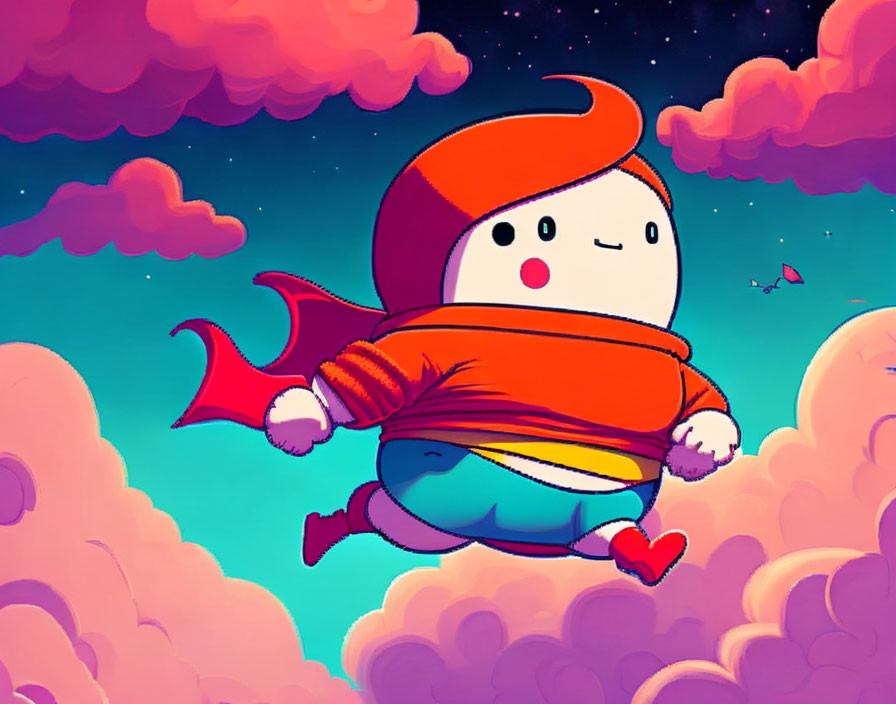 Illustrated character in red cape, orange shirt, blue pants flying in pink cloud-filled sky