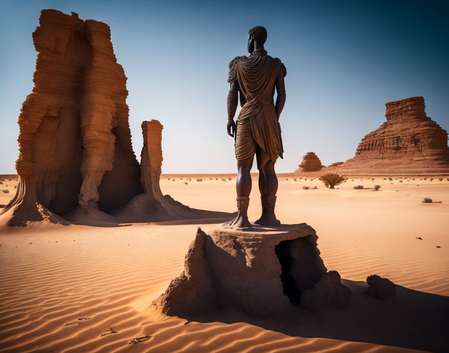 Robed figure statue in vast desert with sandstone formations