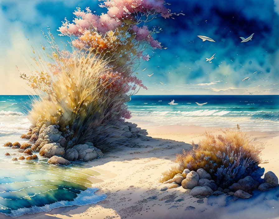 Serene beachscape watercolor with colorful flora and birds