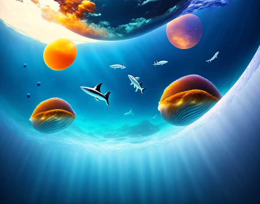 Underwater scene with jellyfish, sharks, fish, and fantasy planets in the sky